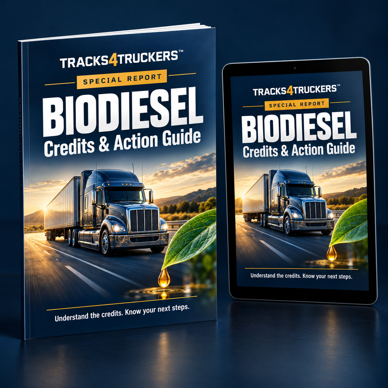TRACKS4TRUCKERS Biodiesel Credits and Action Guide shown as a digital report mockup, with a semi truck and a leaf