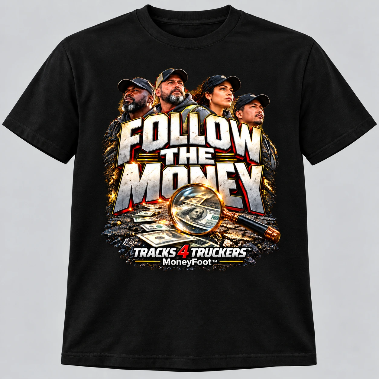 Black Follow the Money T-shirt featuring diverse truck drivers, bold lettering, a magnifying glass and dollar bills, without a white border