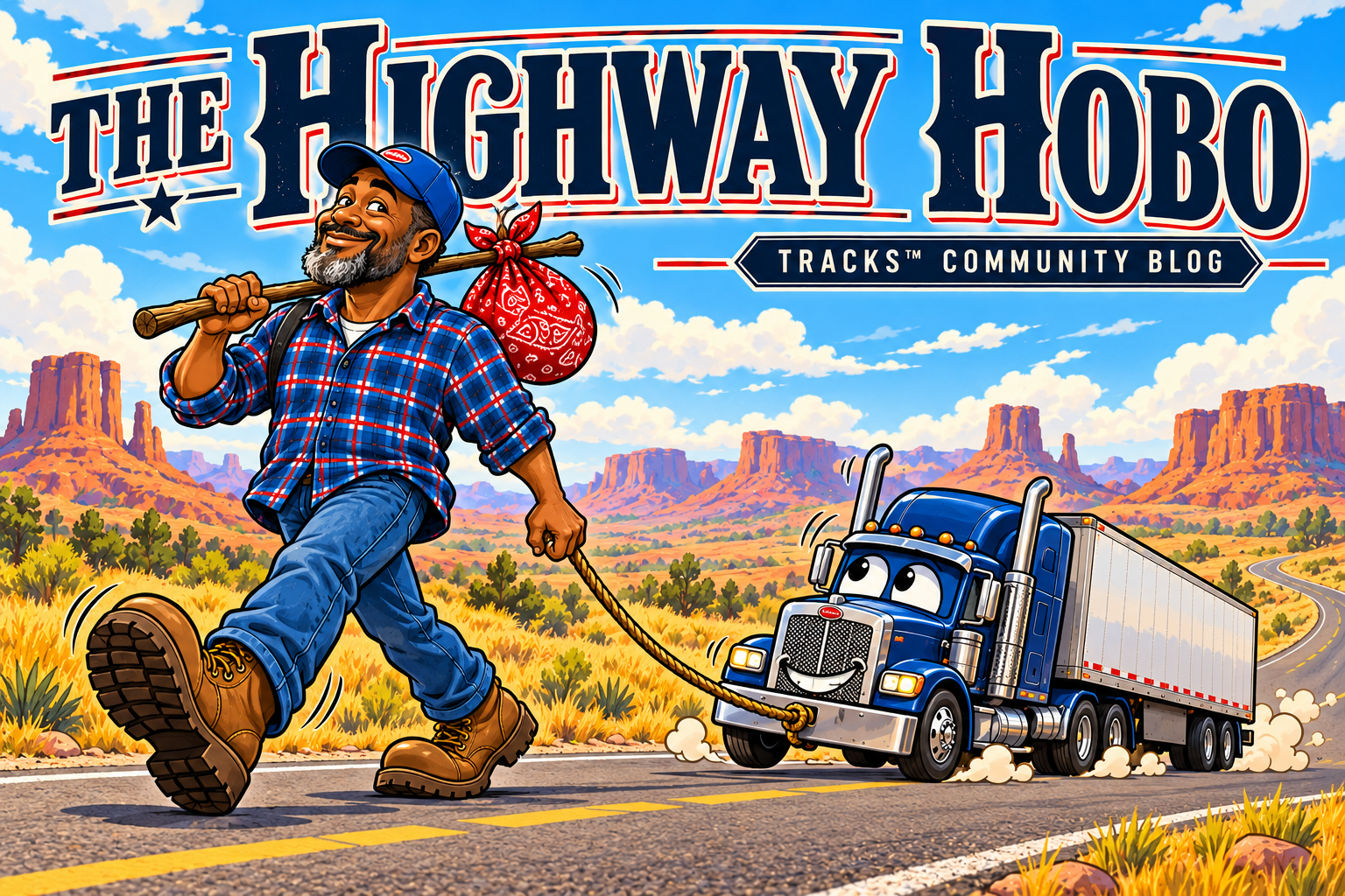 The Highway Hobo: a cheerful trucker walking his little semi-truck along the highway