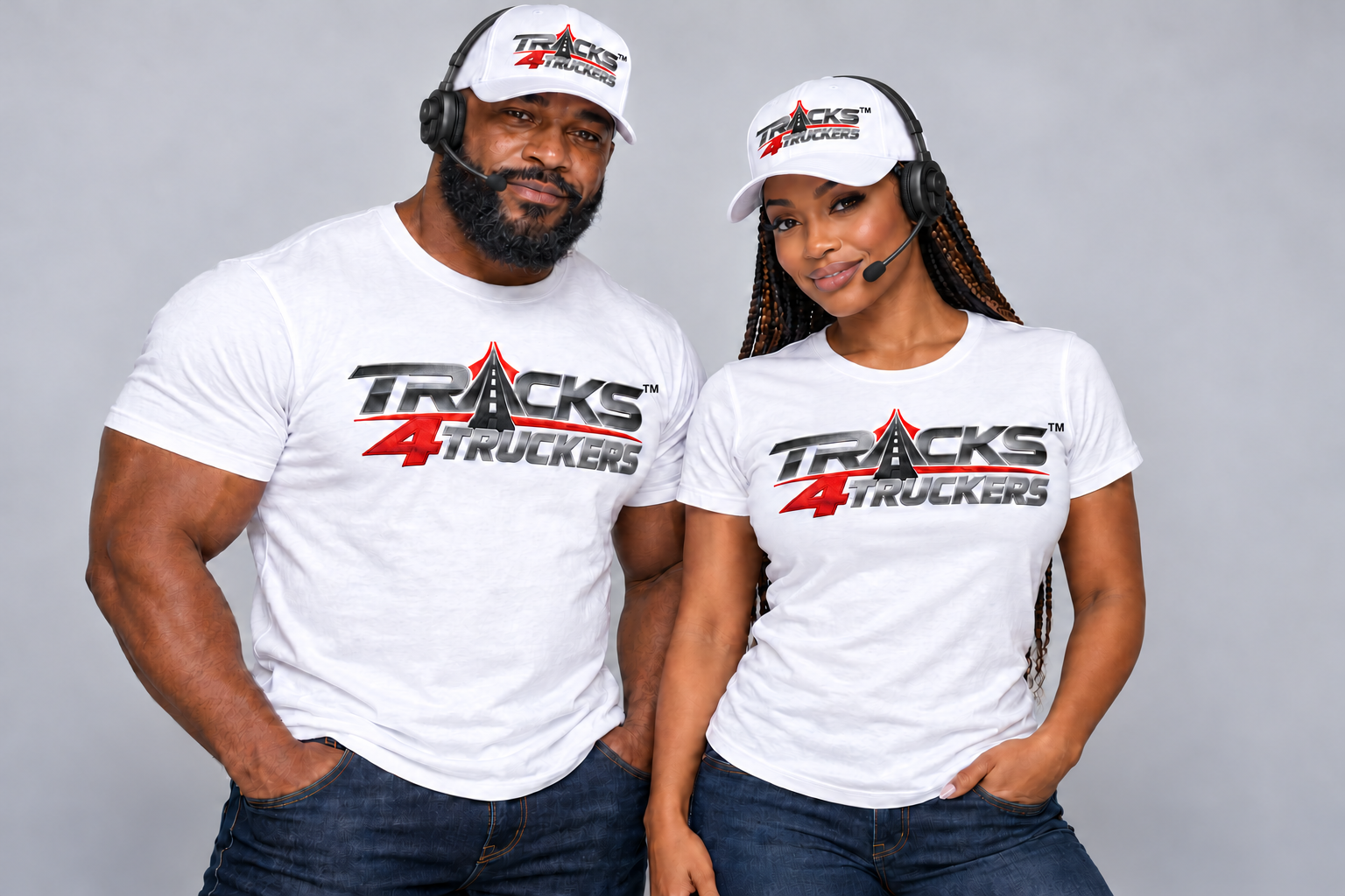 Two drivers wearing white TRACKS 4 TRUCKERS shirts and caps with headsets